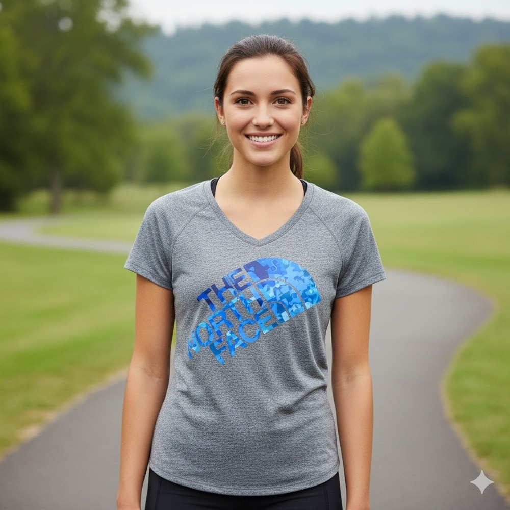 The North Face Women's Medium Gray Heather V-Neck Tech T-Shirt Blue - Size M - Picture 1 of 7
